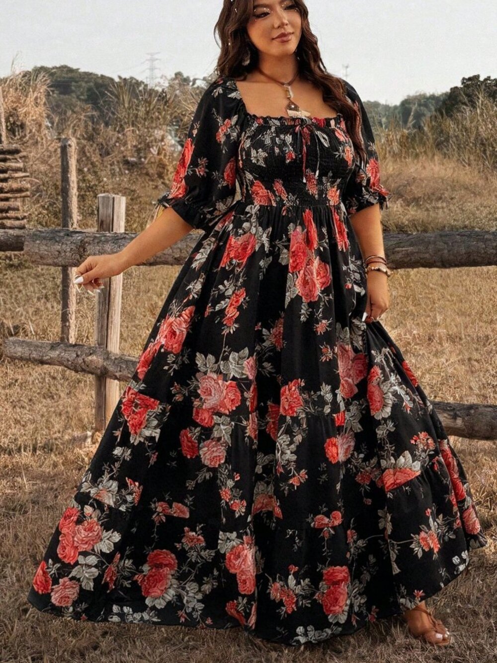 Black Boho Women's short Sleeve floral A-Line Maxi Dress - Picture 1 of 7